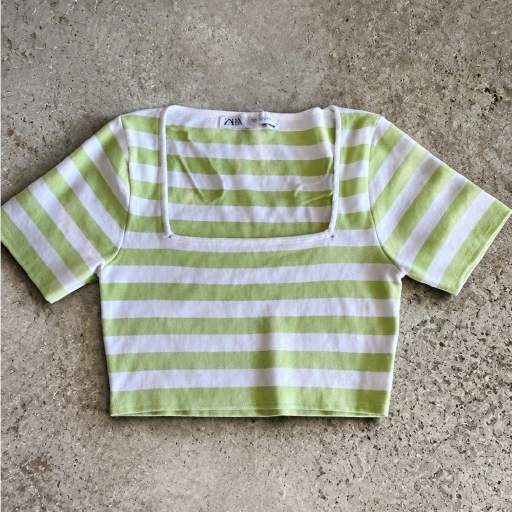 Zara Lime Green & White Striped Square Neck Crop Tee
